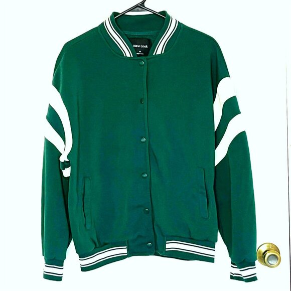 New Look Snap Up Varsity Jacket Womens sz M Pockets Green White Preppy Academia - Picture 1 of 8